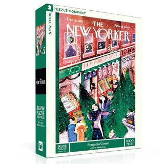 The Evergreen Corner 1,000 Piece Jigsaw Puzzle by New York Puzzle Company features a festive winter city market scene—a charming Christmas puzzle inspired by New Yorker cover art, perfect for the holiday season.