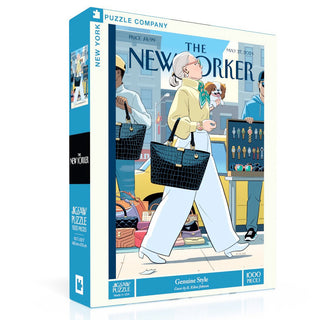 Genuine Style | 1,000 Piece Jigsaw Puzzle by New York Puzzle Company features R. Kikuo Johnson's art of a stylish woman in sunglasses at an outdoor market—a perfect gift for puzzle, art, and fashion lovers.