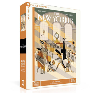 The Old Haunts 1,000 Piece Jigsaw Puzzle by New York Puzzle Company features Sergio García Sánchez’s whimsical illustration of animals dressed as people in a grand train station.