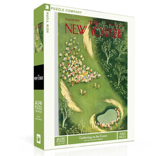 The New York Puzzle Company’s “Gathering on the Green” is a 750 piece jigsaw puzzle featuring a classic 1953 New Yorker cover by Constantin Alajalov, depicting people gathering on a green lawn by a pond.