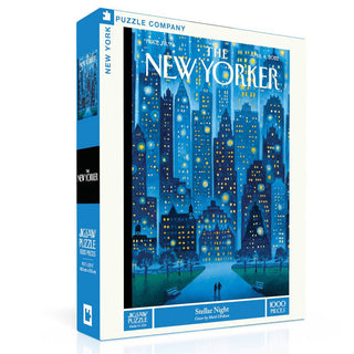 The New York Puzzle Company’s Stellar Night | 1,000 Piece Jigsaw Puzzle features a city skyline at night with glowing windows and stars, inspired by Mark Ulriksen’s The New Yorker cover.