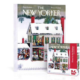 The Home for the Holidays | 100 Piece Jigsaw Puzzle from New York Puzzle Company is displayed next to the original December 21, 1946 New Yorker magazine cover illustrated by Edna Eicke, which features a charming snowy house scene that appears on both the puzzle and the magazine.