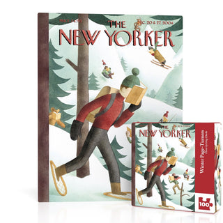 The Winter Page-Turners 100 Piece Jigsaw Puzzle by New York Puzzle Company showcases a cover illustration by Greg Clarke, depicting a snowshoer reading a book amid winter woods, with skiers and sledders in the background. Packaged in a matching box, this charming puzzle is perfect for anyone who loves cozy winter scenes.