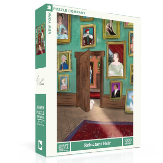 Reluctant Heir | 1,000 Piece Jigsaw Puzzle by New York Puzzle Company features a room with green walls, portraits, an open door, and a cat—perfect for puzzle and art lovers.