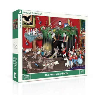 Box of The Nutcracker Battle | 500 Piece Jigsaw Puzzle by New York Puzzle Company, featuring an original illustration of animated mice and toy soldiers in a festive Christmas-themed scene. Proudly made in the USA.