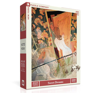 The Sweet Dreams | 1,000 Piece Jigsaw Puzzle by New York Puzzle Company features Victo Ngai's artwork of a woman gazing at her reflection amid vibrant, patterned decor.