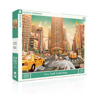 The New York Underdogs | 750 Piece Jigsaw Puzzle by New York Puzzle Company showcases Victo Ngai's whimsical illustrations of New York City streets, alive with taxis, pedestrians, and oversized transparent dogs.