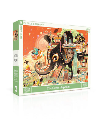 The Great Elephant | 1,000 Piece Jigsaw Puzzle by New York Puzzle Company showcases Victo Ngai's colorful illustration of an elephant with buildings and people artfully woven into its design.