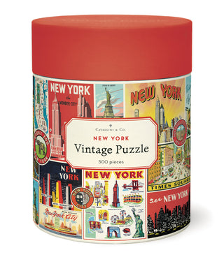 Housed in a cylindrical container with a red lid, the Cavallini & Co. New York City Collage 500 piece jigsaw puzzle showcases vibrant vintage NYC illustrations—an ideal gift for any New York City puzzle fan.