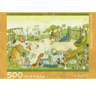 Dogs and people play in a park with fountains, slides, and trees on the cover of "Dogs Enjoying Park | 500 Piece Jigsaw Puzzle" by Scott C Shop—perfect for fans of dogs, parks, or charming children's book puzzles.