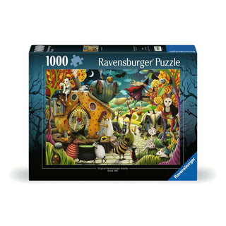 The Ravensburger Happy Halloween 1,000 Piece Jigsaw Puzzle features a whimsical scene by Demelsa Haughton with animals, owls, and a pumpkin house—perfect for puzzle lovers.