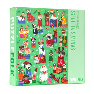 The Santa's Yelpers 1,000 Piece Jigsaw Puzzle by Puzzlefolk features illustrated dogs in festive holiday attire on a green background.