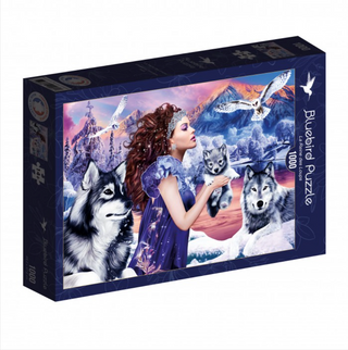 Wolf Queen by Bluebird Puzzle is a 1,000 piece jigsaw featuring Katarina Sokolova’s fantasy art: a woman in a purple dress with wolves and pups amid snowy mountains and flying birds.