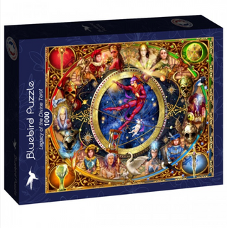 Bluebird Puzzle’s Legacy of the Divine Tarot is a 1,000 piece jigsaw featuring vibrant zodiac and celestial imagery encircling a central red-robed figure.