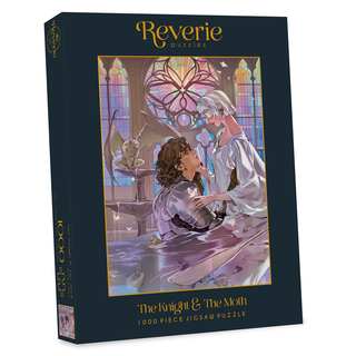 The Knight & The Moth 1,000-piece jigsaw puzzle box featuring an illustration of a knight in armor and a woman in a white gown in front of a stained-glass window.