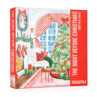 The Night Before Christmas | 1,000 Piece Jigsaw Puzzle by Puzzlefolk features a festive living room scene with a decorated tree, stockings on the mantel, and holiday decor.