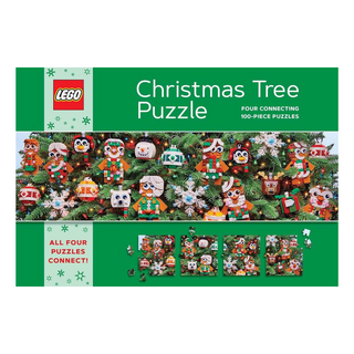 Chronicle Books’ LEGO Christmas Tree set includes four 100-piece jigsaw puzzles featuring playful LEGO character designs on a festive Christmas tree background.
