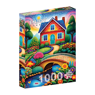 ENJOY House of Colors 1,000 Piece Jigsaw Puzzle: Vibrant box shows a bright house, arched bridge, garden, flowers, trees, and pond. Features unique, high-quality pieces for an engaging experience.