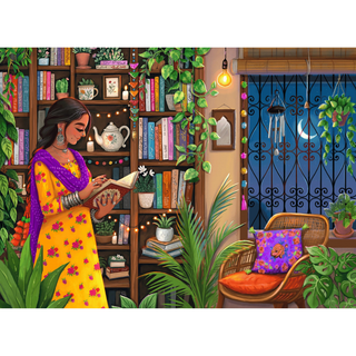 A woman reads in a plant-filled room, inspired by Farah Sharif’s art from Laila Luxury Puzzles’ Thousand Tales 500-piece jigsaw.