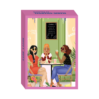 Three women enjoy cocktails at a café with a chalkboard menu and lush plants in this beautifully illustrated 99 piece jigsaw puzzle, Happy Hour by Marie-Chantal, made in France.