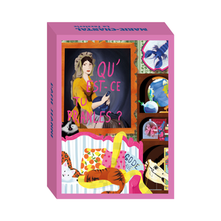 A colorful box displays eclectic objects, a woman with a brush, "QUEST-CE TU PANIQUES?" text, animals, and patterns with a pink border. Dame Jeanne | 99 Piece Jigsaw Puzzle by Marie-Chantal. Made in France.