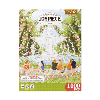 Box of a 1,000-piece Afternoon Fountain jigsaw puzzle by Robotime, featuring an illustration of people near a white fountain in a flower-filled garden—a delightful challenge for adults.