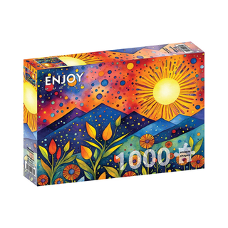 The ENJOY Sunset Rain 1,000 Piece Jigsaw Puzzle features ribbon-cut pieces and vibrant artwork of flowers, mountains, and a stylized sun under a colorful sky for a high-quality puzzle experience.