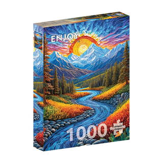 ENJOY's Sunrise Landscape 1,000 Piece Jigsaw Puzzle showcases vibrant river, forest, mountain, and sun artwork—a high-quality puzzle perfect for nature lovers.