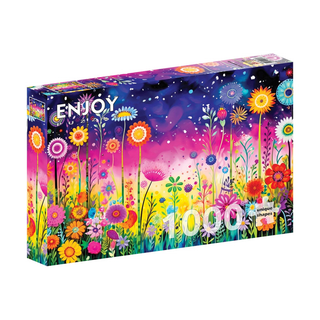 The ENJOY Petal Serenade 1,000 Piece Jigsaw Puzzle features whimsical rainbow flowers on a vibrant pink, purple, and blue background. "ENJOY" is written at the top left corner of the box.