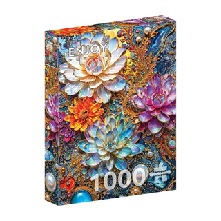 The ENJOY Pearlescent Waterlilies 1,000 Piece Jigsaw Puzzle features vibrant, intricately detailed lotus patterns on the box cover for a high-quality puzzling experience.