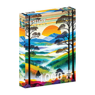 ENJOY’s Hilltops Breeze 1,000 Piece Jigsaw Puzzle showcases a vivid landscape with trees, mountains, and a setting sun—crafted in high-resolution for brilliant detail.