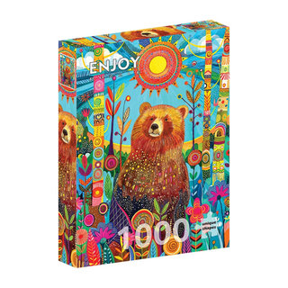 The ENJOY "Hibernation Ends" 1,000 piece jigsaw puzzle features an illustrated bear amid vibrant patterned plants and a bright sun, with ENJOY displayed at the top of the colorful puzzle box.