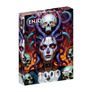 ENJOY’s "Dark Witch | 1,000 Piece Jigsaw Puzzle" features fantasy art of a purple-haired witch with glowing eyes and skulls, including one with snakes. Perfect for fans of vibrant, high-quality puzzles.