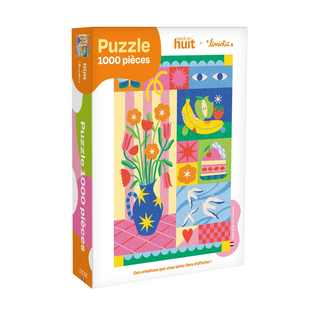 The Limistic | 1,000 Piece Jigsaw Puzzle by Lundi en Huit features vibrant French text and abstract art of flowers in a vase, birds, and fruit. Made in France.