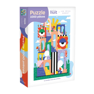 The LES TÊTES DURES 1,000 Piece Jigsaw Puzzle by Lundi en Huit features vibrant abstract geometric shapes and stylized eyes on the box labeled “Puzzle 1000 pièces.” This striking puzzle is proudly made in France.