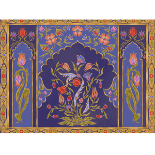 The Royal Bloom | 500 Piece Jigsaw Puzzle by Laila Luxury Puzzles features symmetrical floral motifs in red, pink, and green on a purple background with gold accents—an exquisite Islamic art puzzle inspired by Eliza Karazah.