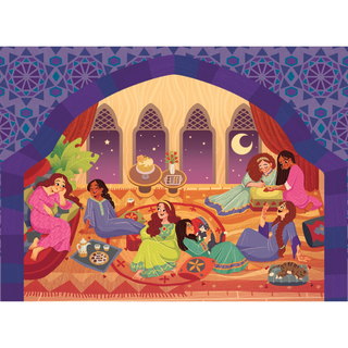 Eight women in vibrant dresses enjoy snacks and chat in a stylish room with arched windows and a cat, as pictured on the "Girls Night | 500 Piece Jigsaw Puzzle" by Laila Luxury Puzzles.
