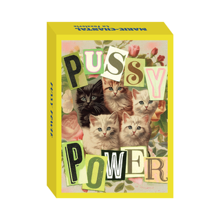 The Marie-Chantal Pussy Power | 99 Piece Jigsaw Puzzle features six kittens amid flowers on a yellow box with “Pussy Power” cut-out lettering. Made in France, it’s a charming choice for puzzle lovers.