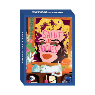 A vibrant Marie-Chantal box features "Salut les Moches" in pink, playful faces, and animals—inside is a made-in-France 99 piece jigsaw puzzle for extra fun.