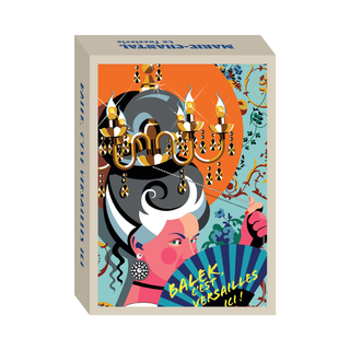 The Marie-Chantal “Balek, c'est Versailles ici” is a charming 99-piece mini jigsaw puzzle featuring a stylized 18th-century woman under a chandelier with a blue fan on an illustrated box. Made in France.