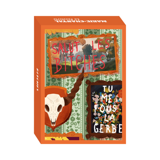 The Marie-Chantal "Bitches" 99 piece jigsaw puzzle features vintage-style art with a skull, flowers, and French phrases. Made in France.