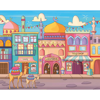 Laila Luxury Puzzles’ Celebration Street 100 Piece Jigsaw Puzzle features a colorful cartoon Middle Eastern street scene with candy, lantern, and toy shops and two camels—perfect for kids or any celebration puzzle collection.
