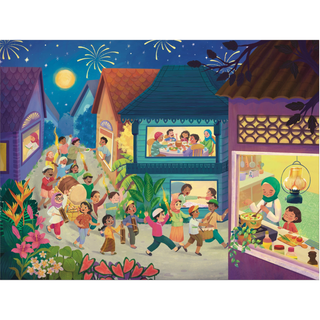 Experience the vibrant energy of a night celebration with Joy Before Dawn, a 100-piece jigsaw puzzle by Laila Luxury Puzzles, featuring scenes of music, bedug drumming, fireworks, food, and festive gatherings—each piece part of a cultural mosaic.