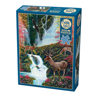 Cobble Hill’s Mystic Forest is a 500 piece jigsaw puzzle featuring deer and an eagle by a forest waterfall, designed with random cut pieces for a unique challenge.