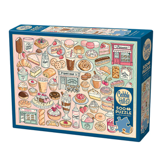 Treat Yourself is a 500 piece jigsaw puzzle by Cobble Hill, showcasing illustrated bakery treats and pastel shop signs—ideal for patisserie puzzle fans.