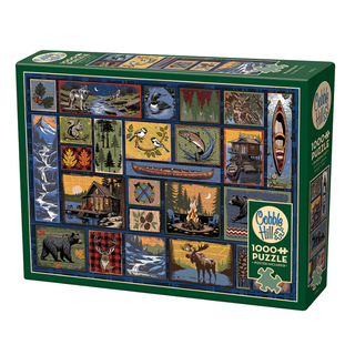 Cobble Hill’s Woodcraft 1,000 Piece Jigsaw Puzzle features a rustic collage of animals, cabins, canoes, and vibrant outdoor scenes—ideal for nature lovers.