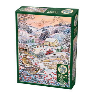 The Cobble Hill "Hilltop Farm" 1,000-piece jigsaw puzzle features a snowy countryside scene with birds, sheep, farmhouse, and trees. Made from recycled materials, it's the perfect Christmas puzzle for cozy winter evenings.