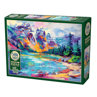 The Cobble Hill "Mountain Lake" 1,000-piece jigsaw puzzle features a vibrant impressionistic mountain landscape with a river and colorful trees, inspired by Canadian art.