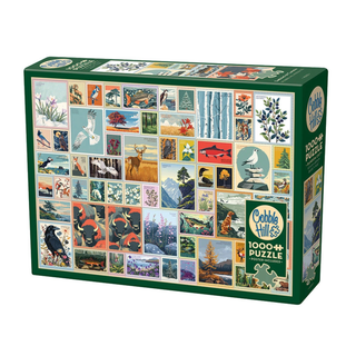 The Cobble Hill "Emblems of Canada" 1,000 piece jigsaw puzzle showcases a vibrant collage of colorful Canadian postage stamps featuring nature and wildlife illustrations.