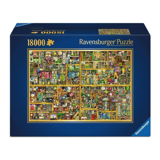 The Ravensburger Magical Bookcase 18,000 Piece Jigsaw Puzzle box showcases a beautifully illustrated bookshelf on the front with a dark blue border.